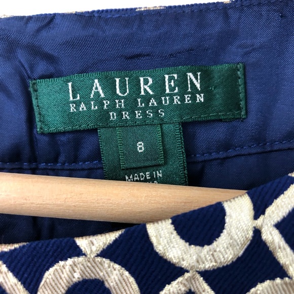 Lauren Ralph Lauren Navy Blue Metallic Gold Jacquard Dress Geometric Pattern - Picture 6 of 16